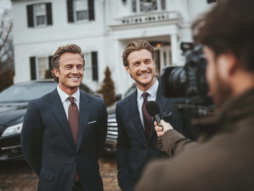 Two successful businessmen being interviewed outdoors, representing resilience, success, and growth through failure.