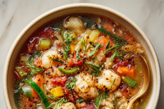 Bowl of protein and fiber-rich vegetable soup with lentils, white beans, herbs, and spices supporting gut health