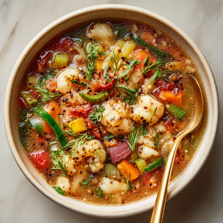 Bowl of protein and fiber-rich vegetable soup with lentils, white beans, herbs, and spices supporting gut health