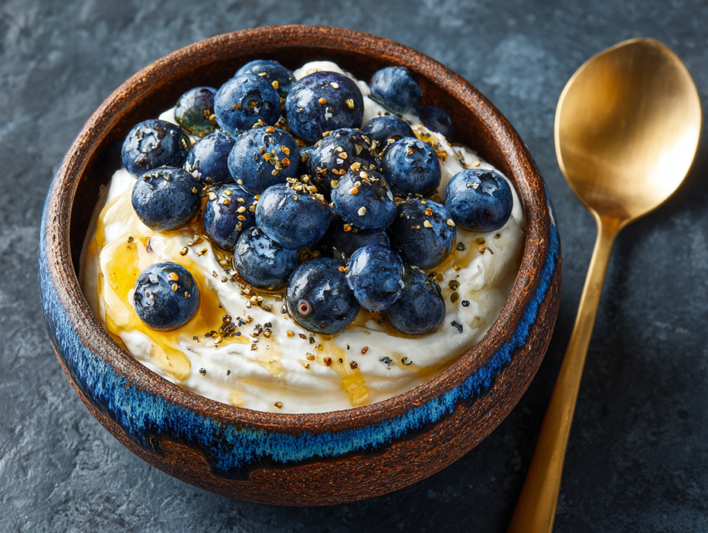 Greek yogurt topped with blueberries and honey — high-protein, high-fiber breakfast