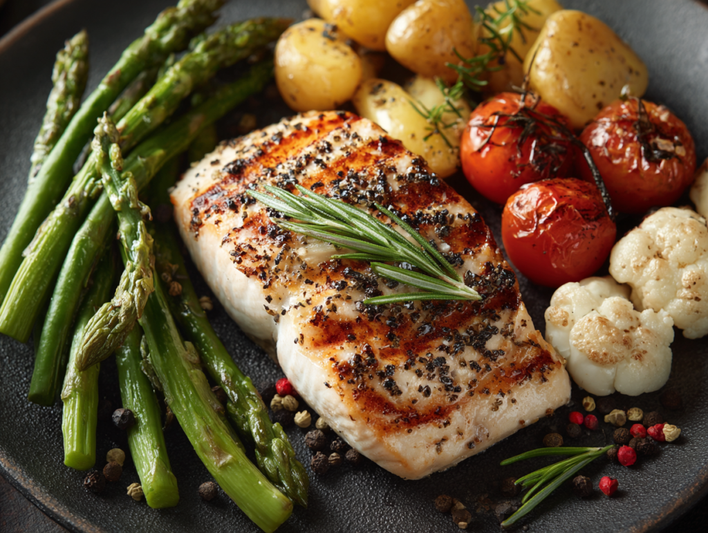 Grilled salmon with asparagus, potatoes, and vegetables — high-protein, high-fiber dinner