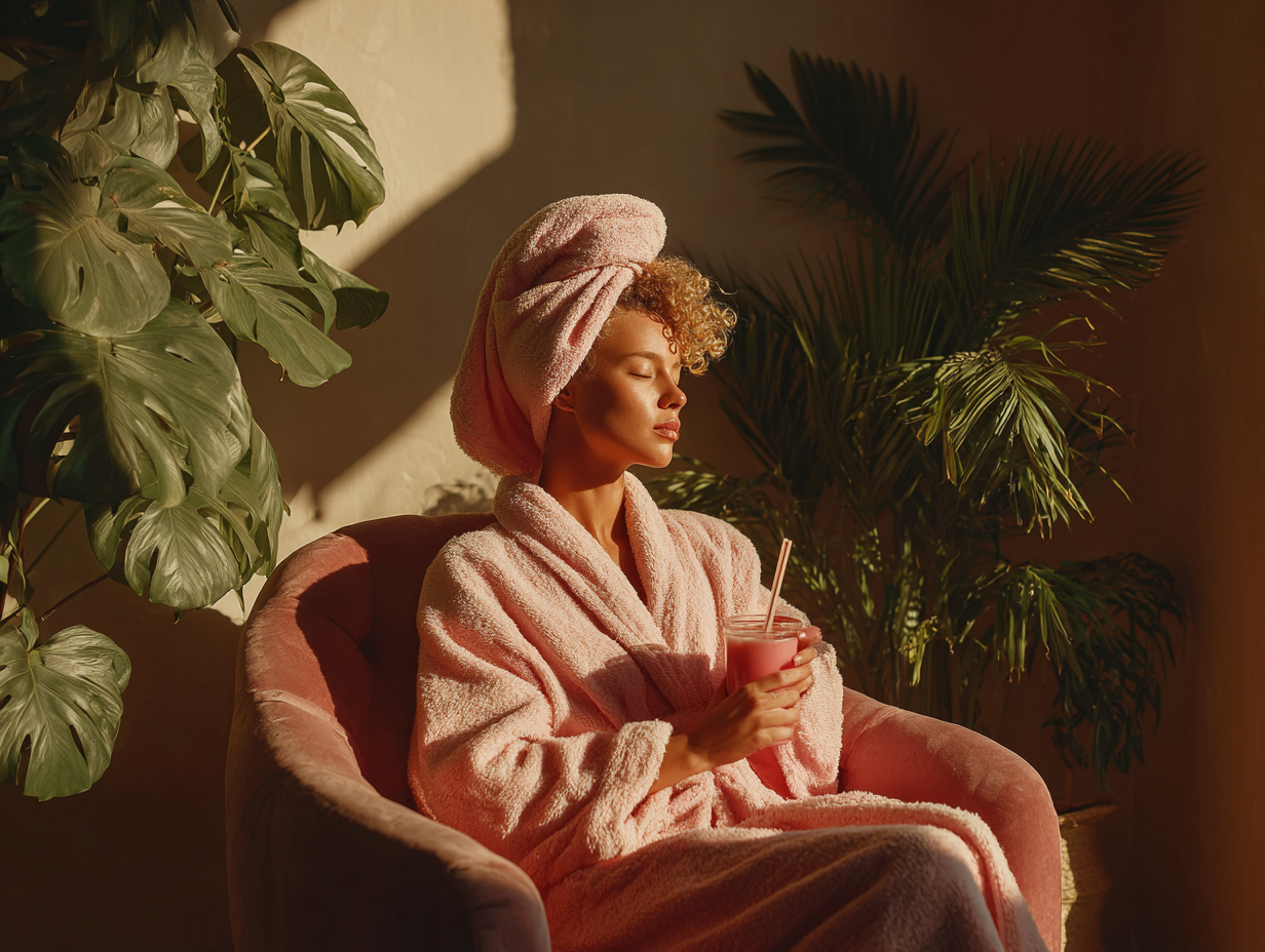 Woman in a robe after a bath enjoying a quiet morning drink, representing nervous system regulation and slow morning rituals.