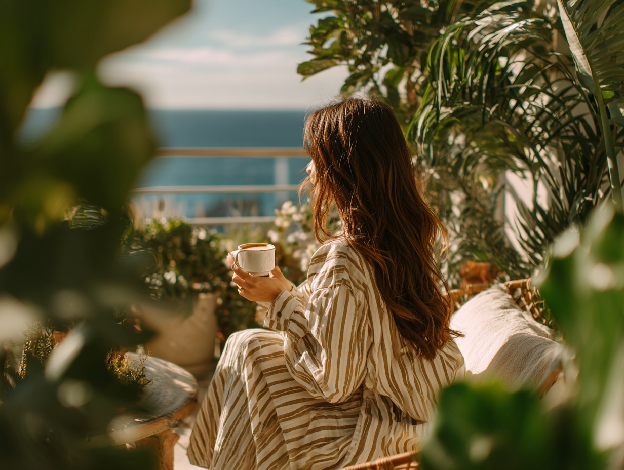 Woman enjoying a slow morning coffee on a balcony surrounded by greenery, representing calm energy and intentional living.