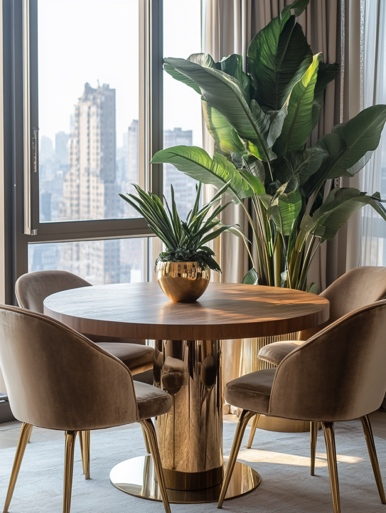 Wood dining table with velvet chairs creating warmth and grounded elegance in a dining room
