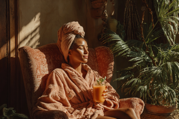 Woman in a robe enjoying a slow morning ritual in warm sunlight, representing calm energy, stress reduction, and intentional living.