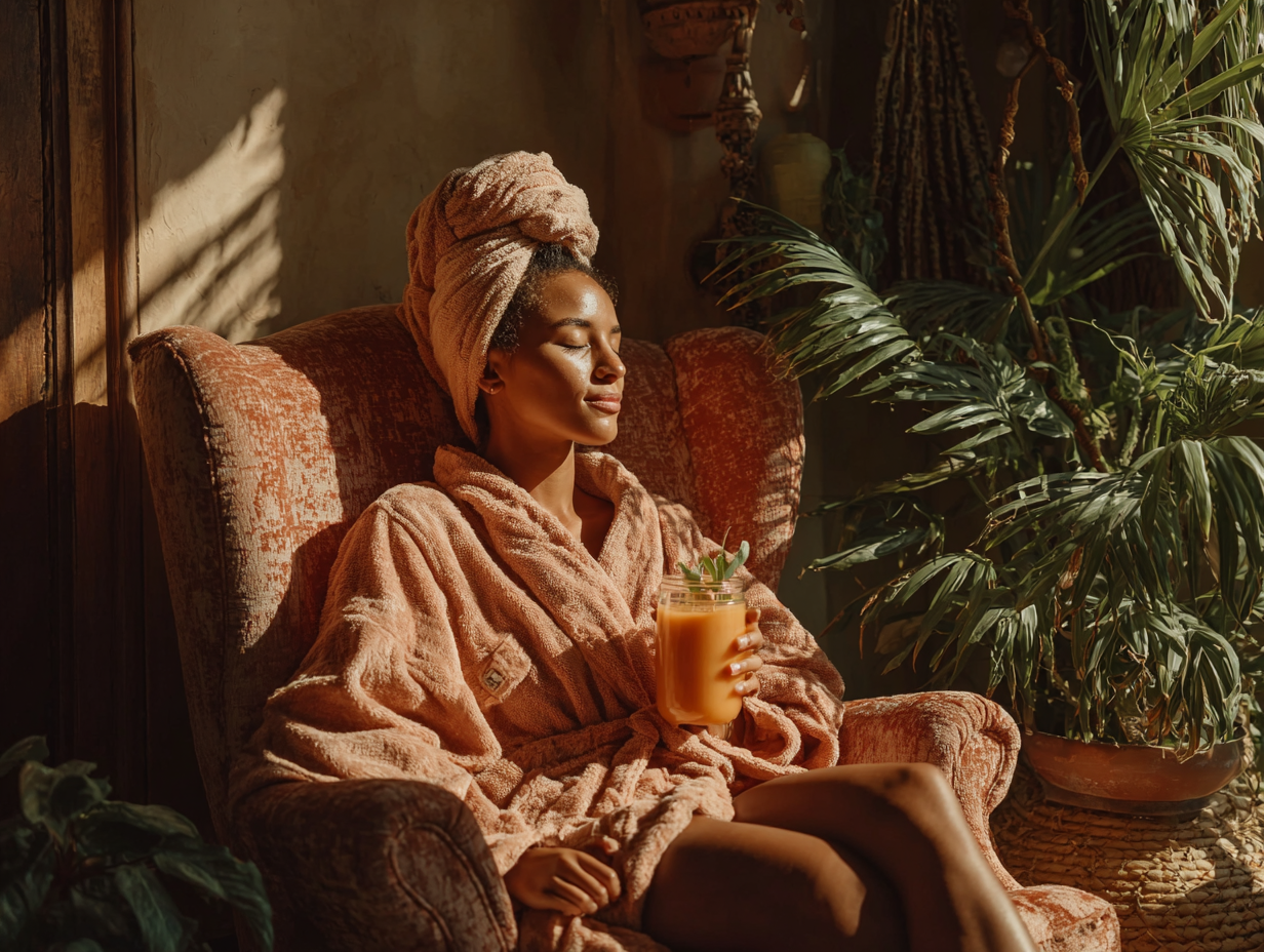 Woman in a robe enjoying a slow morning ritual in warm sunlight, representing calm energy, stress reduction, and intentional living.