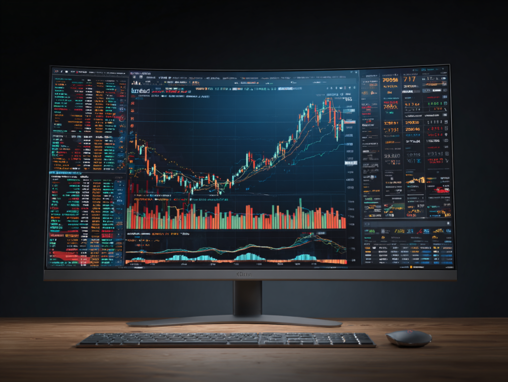 Stock market charts displaying volatility, price movement, and trading volume
