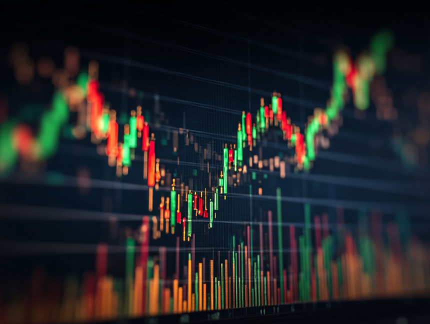 A stock market chart showing long-term growth and compounding over time