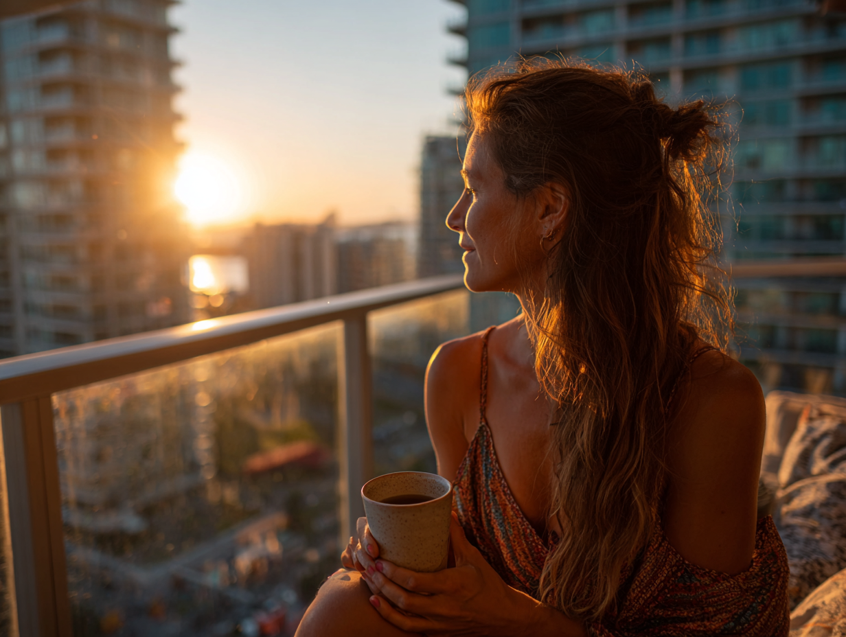 Woman holding coffee on a balcony at sunrise overlooking the city, symbolizing slow mornings, calm energy, and stress-free living.