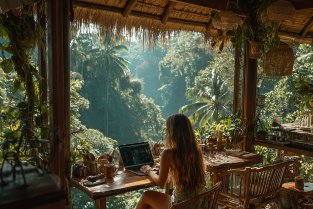 Woman working on laptop in a jungle cafe in Bali representing a laptop lifestyle and location independence