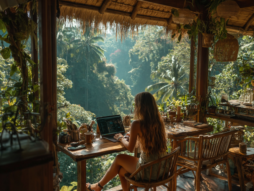 Woman working on laptop in a jungle cafe in Bali representing a laptop lifestyle and location independence