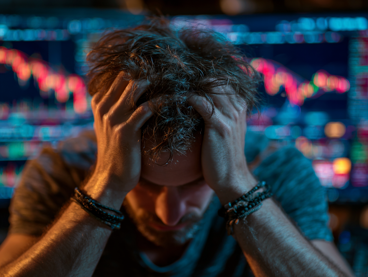 An overwhelmed investor stressed by stock market volatility and falling charts