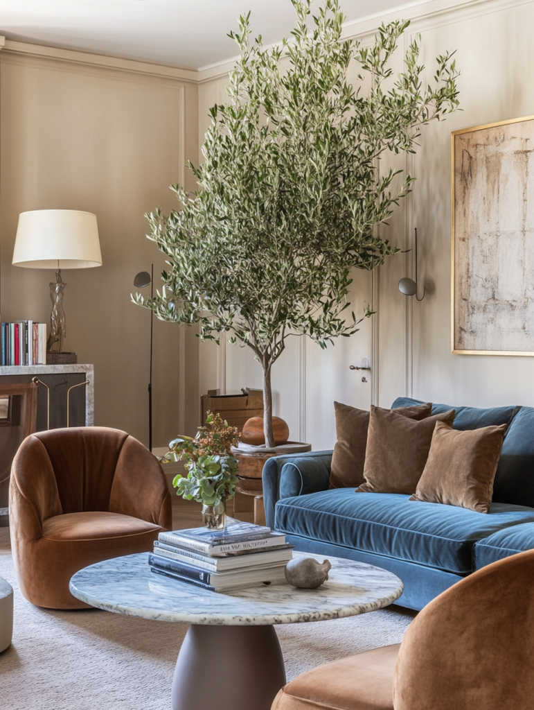 Blue velvet sofa styled in a warm Tuscany-inspired living room with earthy tones and natural textures