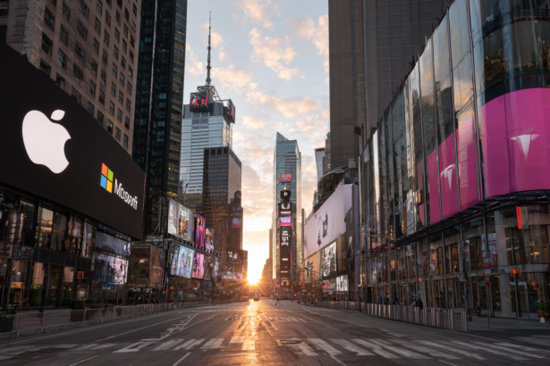 A cityscape illustrating major technology companies that dominate the stock market in the AI era