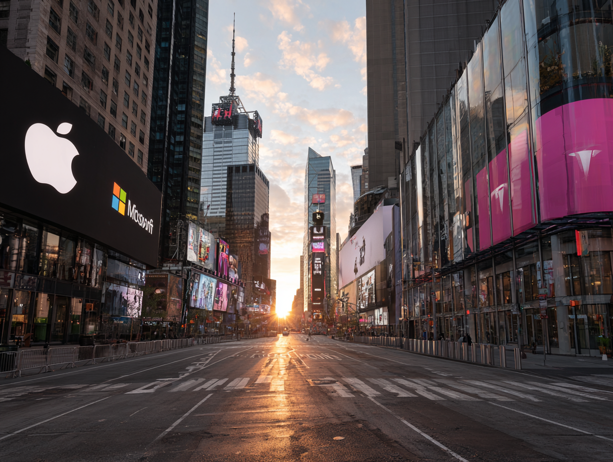 A cityscape illustrating major technology companies that dominate the stock market in the AI era