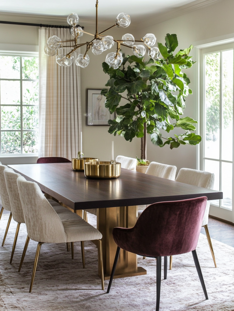 Velvet dining chairs styled around a wood dining table in an elegant modern dining room