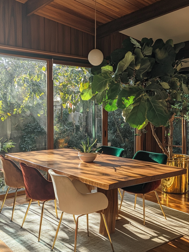 Velvet dining chairs in mixed tones paired with a wooden dining table and gold accents