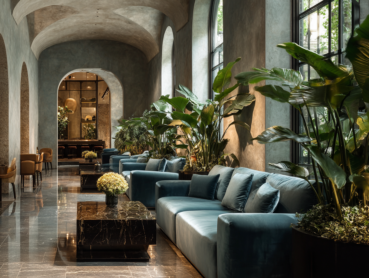 Luxury hotel lounge with velvet sofas, marble tables, and soft natural lighting