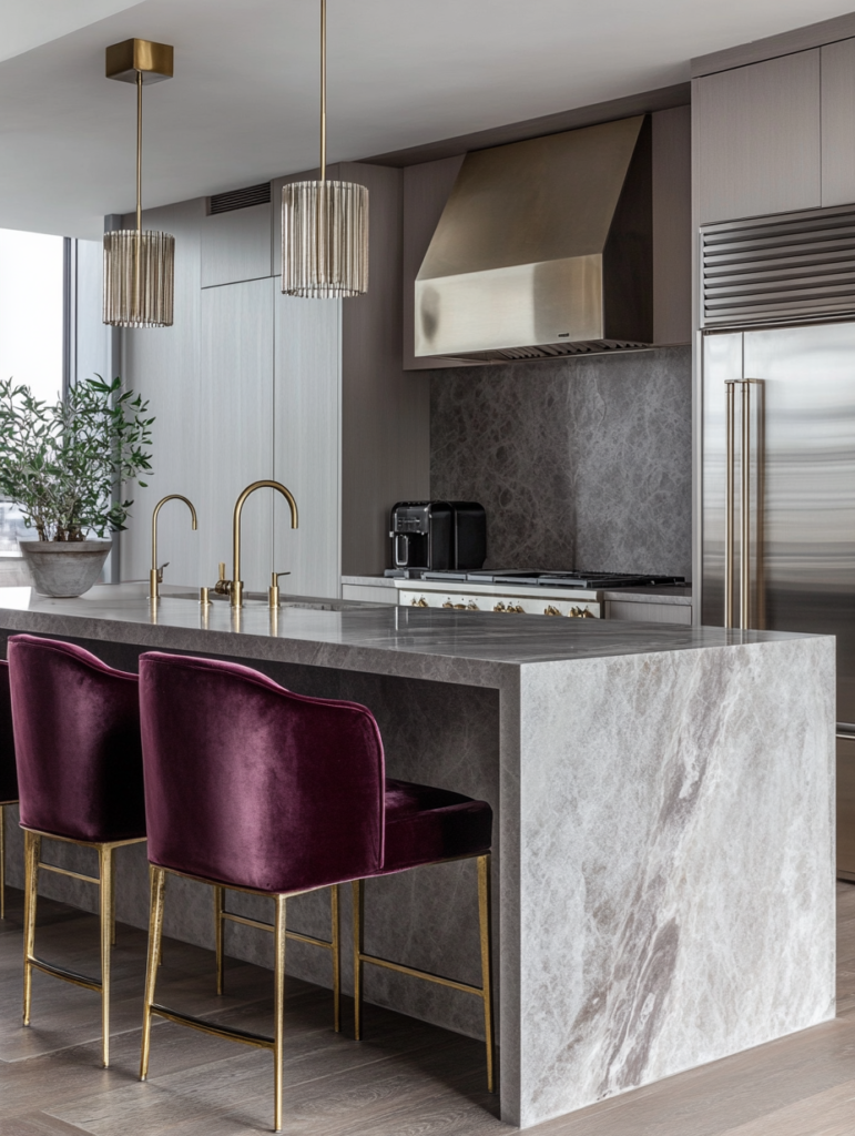 Velvet kitchen island chairs paired with a marble island and brass accents