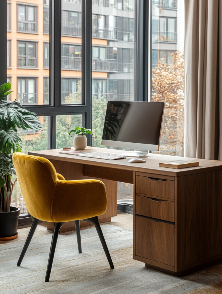 Velvet accent chair paired with a wooden desk in a modern home office