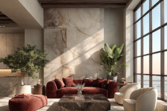 Modern living room with burgundy velvet sofa, marble coffee table, and sculptural armchairs in a sunlit luxury interior.