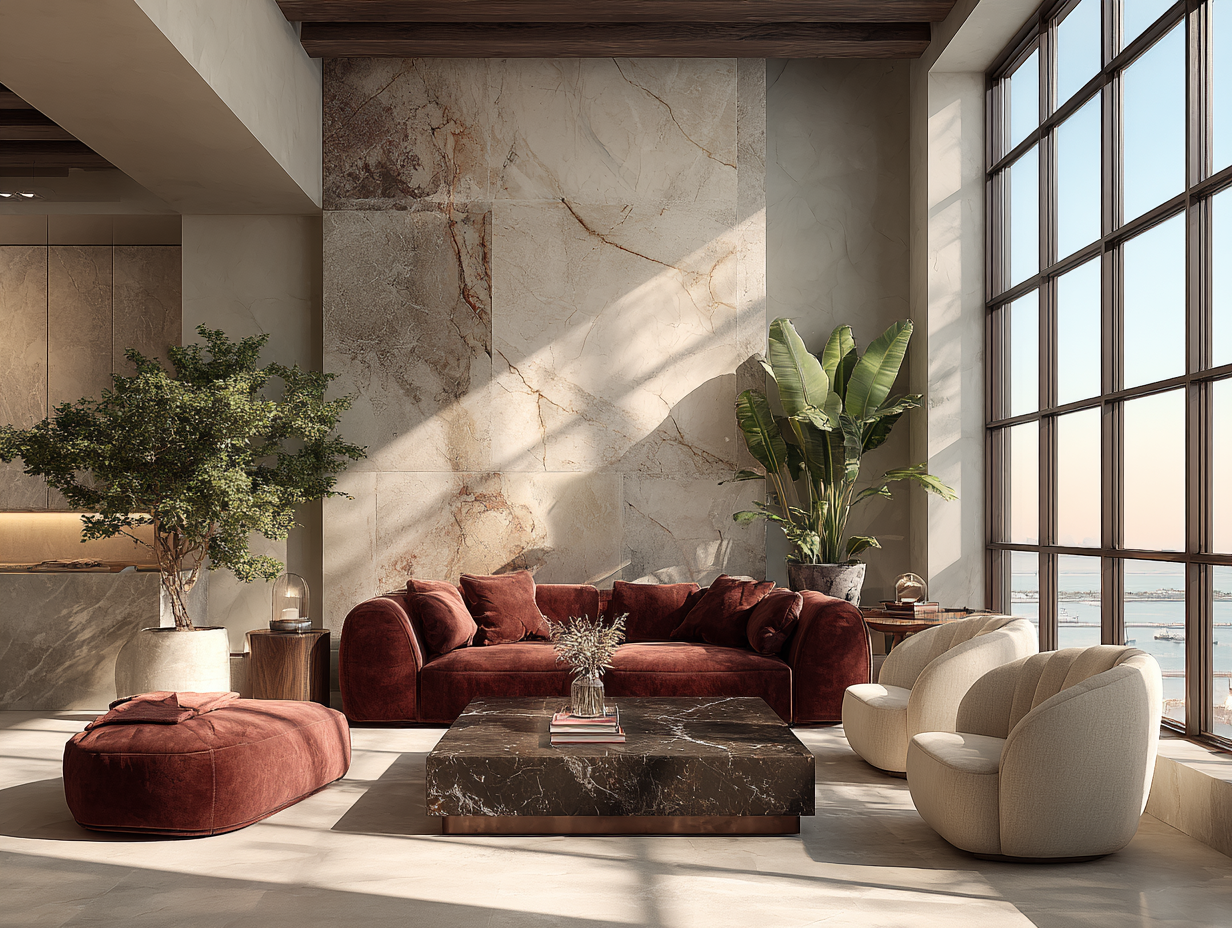 Modern living room with burgundy velvet sofa, marble coffee table, and sculptural armchairs in a sunlit luxury interior.