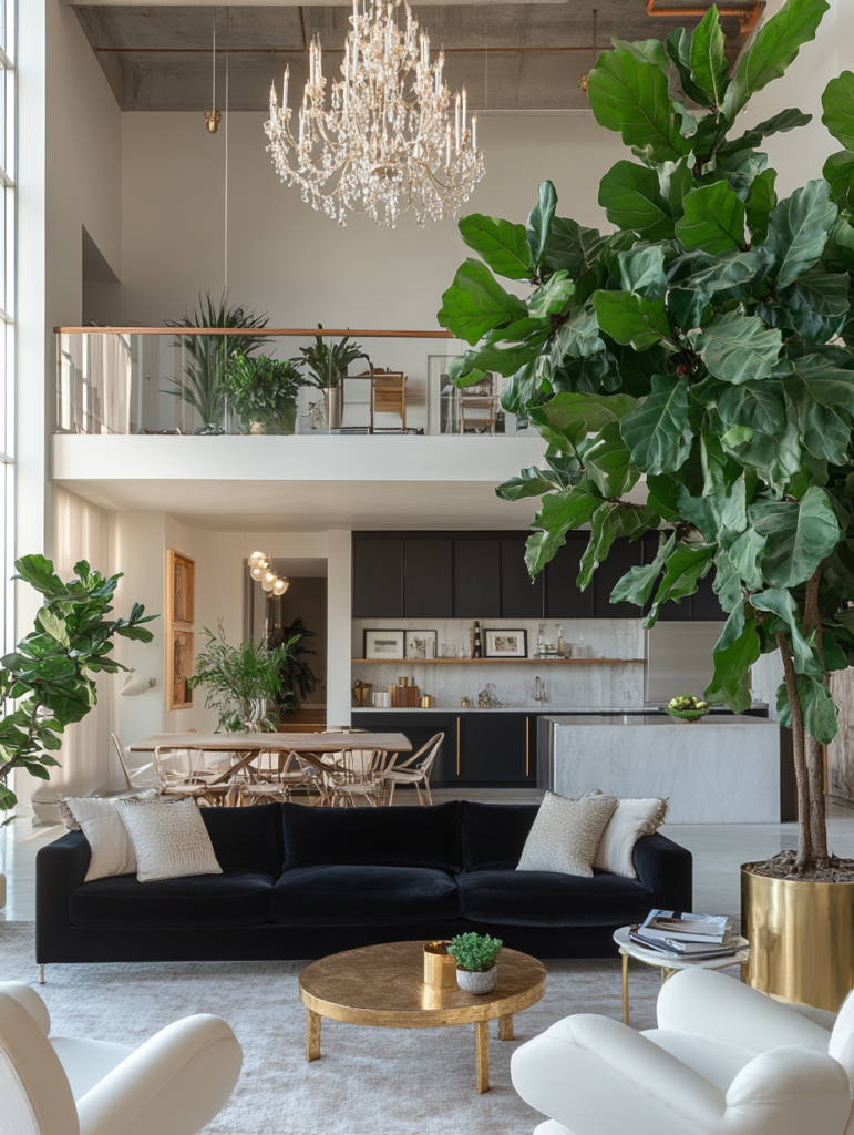 Black velvet sofa styled in a spacious modern loft with plants and marble accents