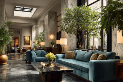 Velvet sofas styled in a luxury hotel lobby with marble floors, warm lighting, and indoor greenery ✔ Descriptive