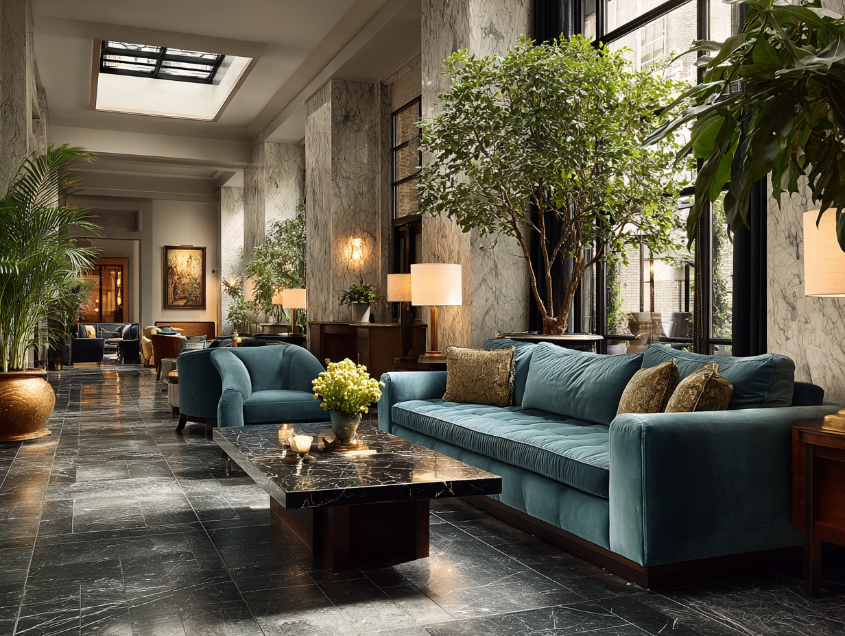 Velvet sofas styled in a luxury hotel lobby with marble floors, warm lighting, and indoor greenery ✔ Descriptive