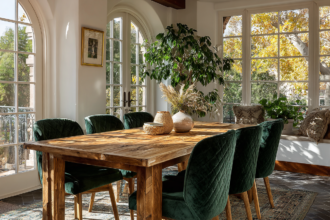 Solid wood dining table paired with green velvet dining chairs in a warm sunlit interior