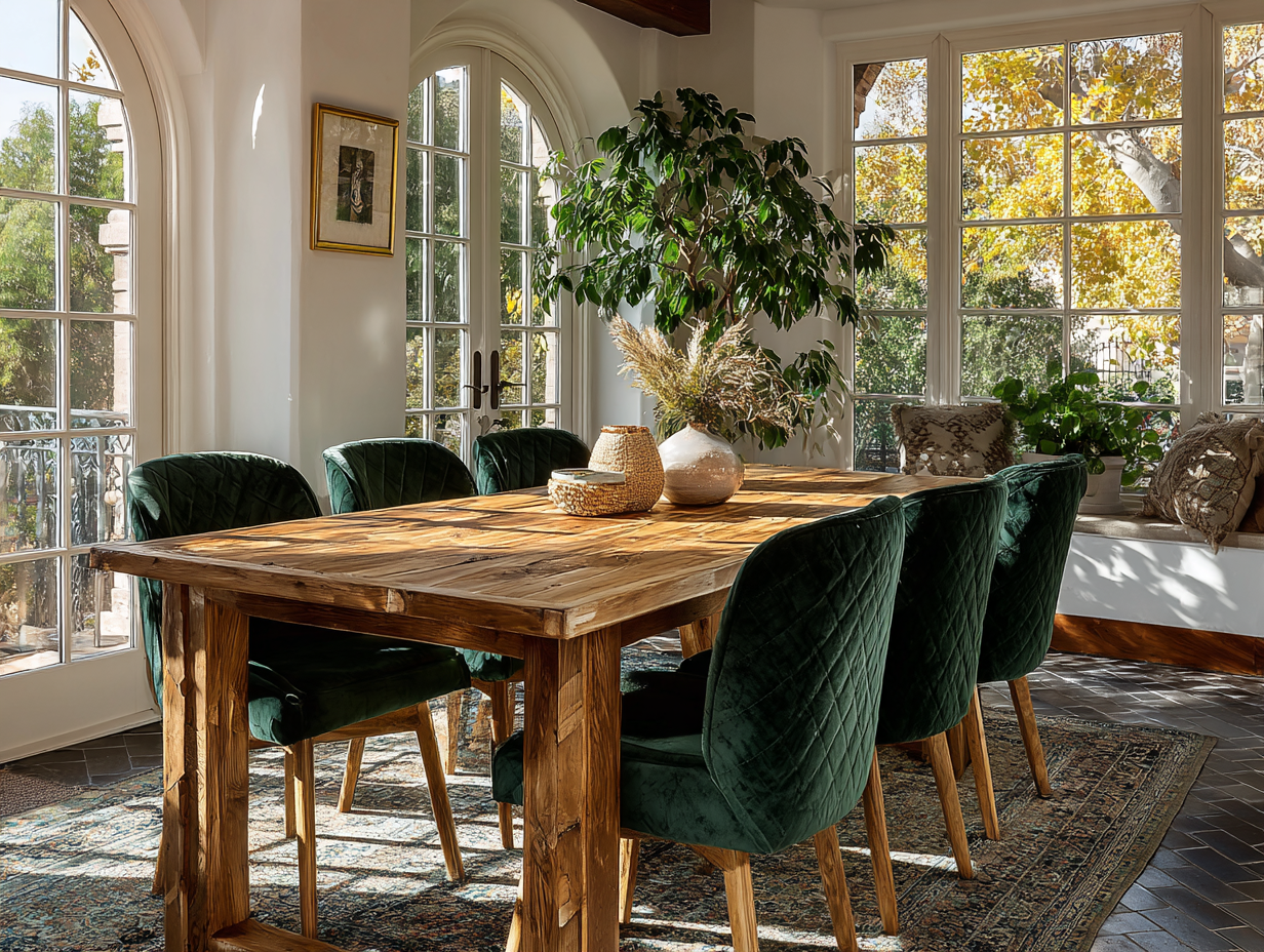 Solid wood dining table paired with green velvet dining chairs in a warm sunlit interior