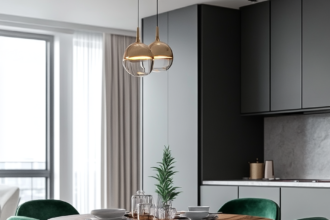 Round wooden dining table with gold metal pedestal base and emerald velvet chairs in modern kitchen