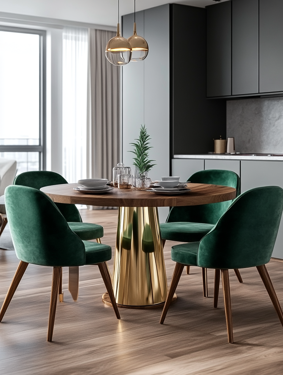 Round wooden dining table with gold metal pedestal base and emerald velvet chairs in modern kitchen