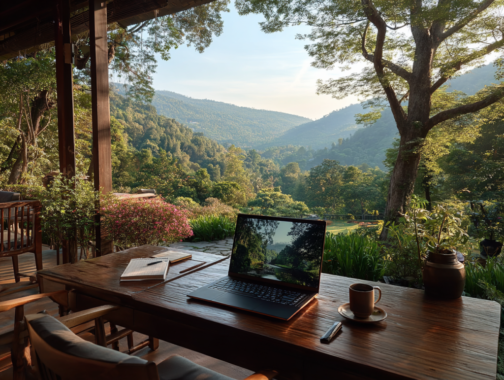 Laptop on a wooden desk overlooking lush green mountains, representing the work-from-anywhere lifestyle.