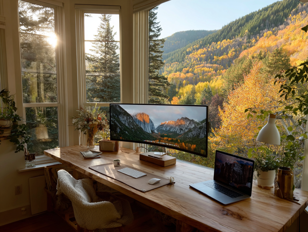Minimalist home office with mountain views showing time and location flexibility in digital entrepreneurship.