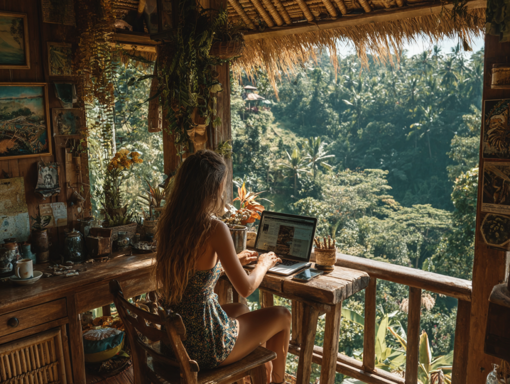 Woman working on a laptop in a jungle café in Bali, representing digital entrepreneurship and location freedom.