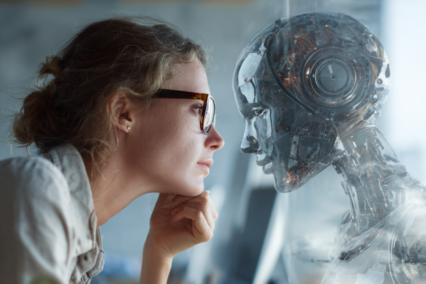 Woman thoughtfully looking at a transparent humanoid AI robot, symbolizing the tension and collaboration between humans and artificial intelligence.