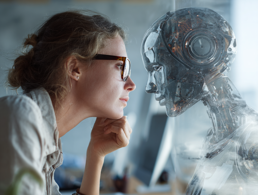 Woman thoughtfully looking at a transparent humanoid AI robot, symbolizing the tension and collaboration between humans and artificial intelligence.