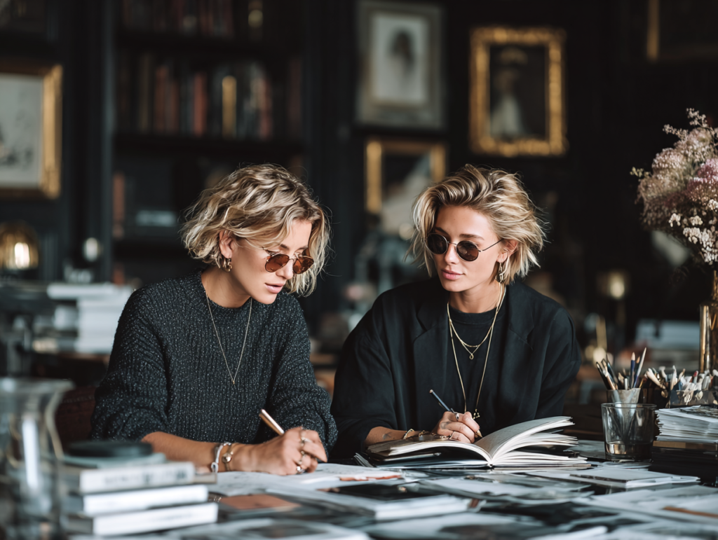 Two professionals reviewing documents and taking notes together, representing traditional team collaboration before AI tools.