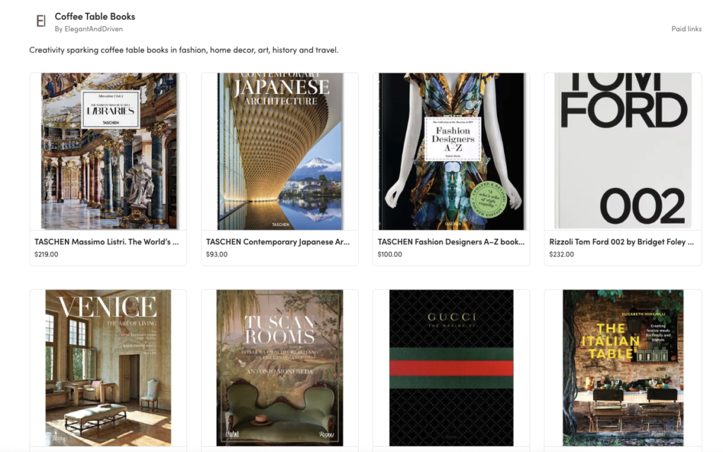 Curated coffee table book collection featuring architecture, fashion, travel, and interior design books.