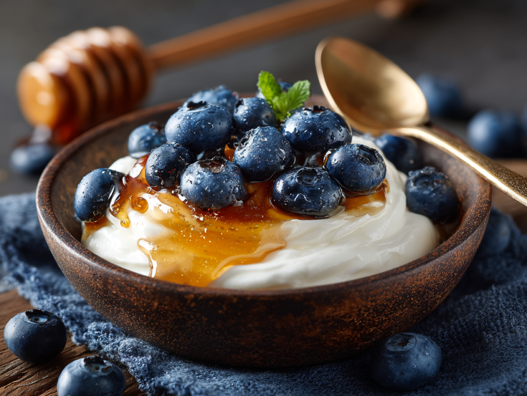 Greek yogurt topped with raw honey and fresh blueberries in a rustic bowl
