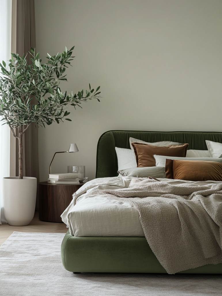 Green velvet upholstered bed styled with neutral bedding in a calm luxury bedroom