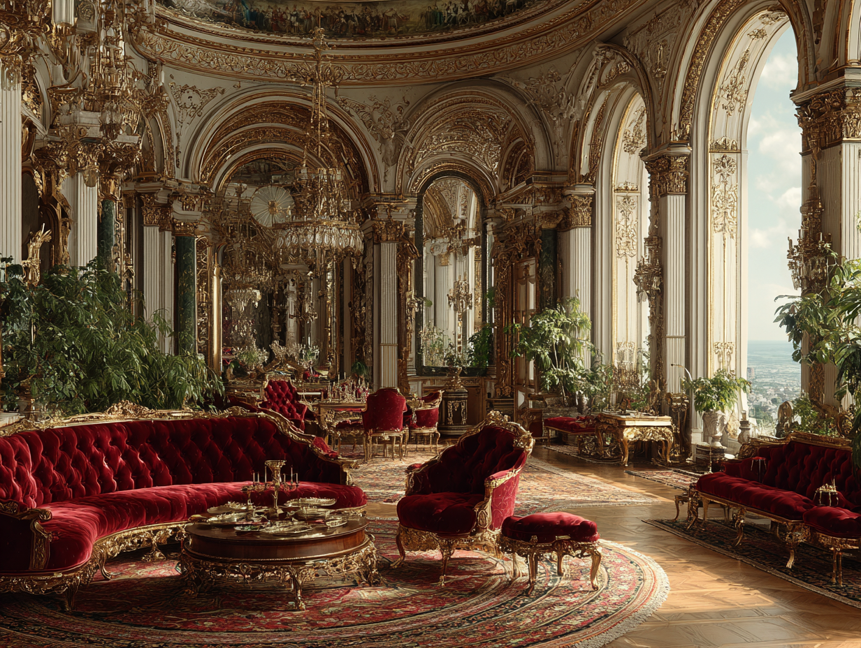 Ornate royal palace interior with red velvet seating, gold detailing, and classical architecture