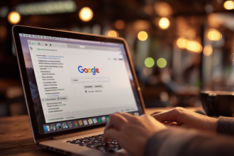 person learning stock market on laptop using youtube search