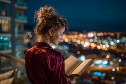 Woman reading a book on a balcony at night with city lights, representing calm evening routine and energy restoration