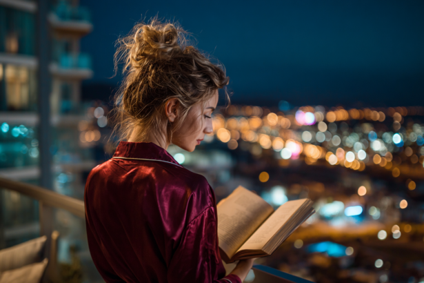 Woman reading a book on a balcony at night with city lights, representing calm evening routine and energy restoration