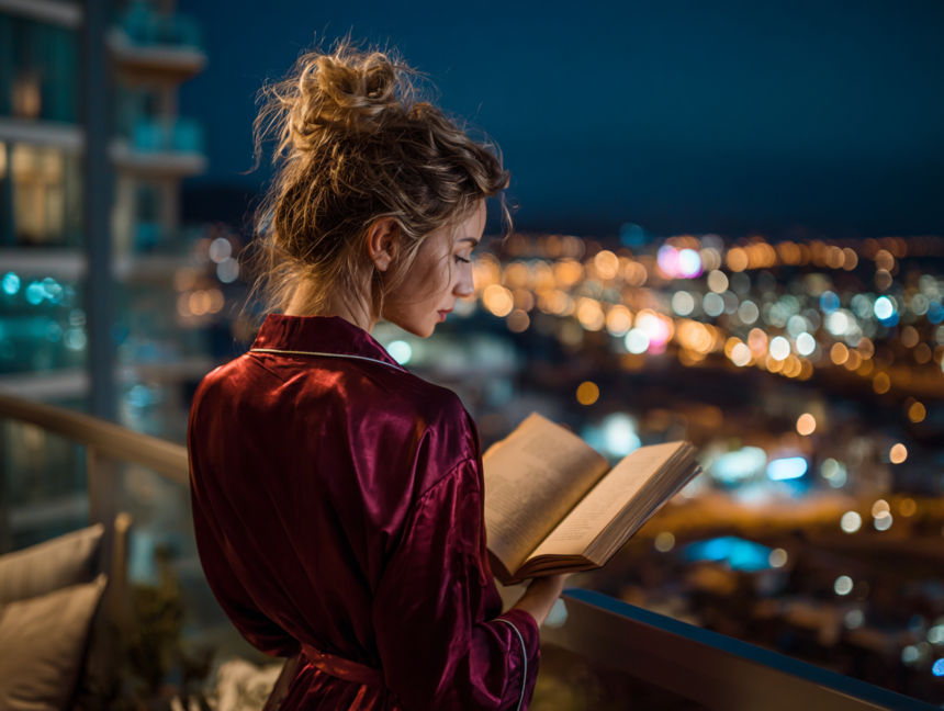 Woman reading a book on a balcony at night with city lights, representing calm evening routine and energy restoration