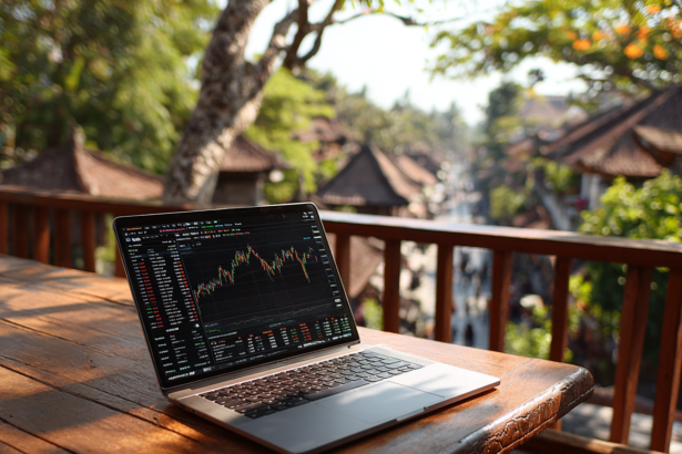 Investor analyzing stock market calmly in a peaceful outdoor setting