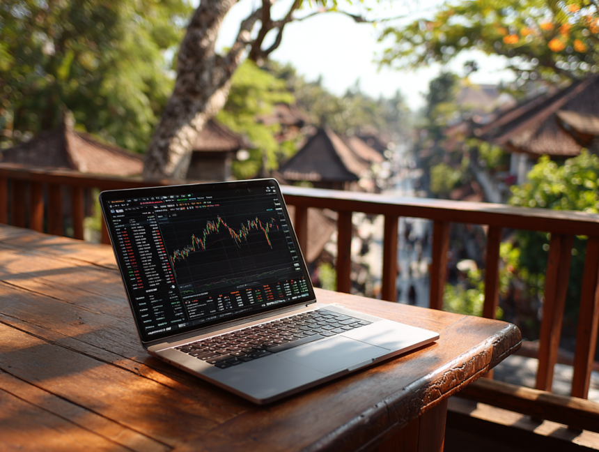 Investor analyzing stock market calmly in a peaceful outdoor setting