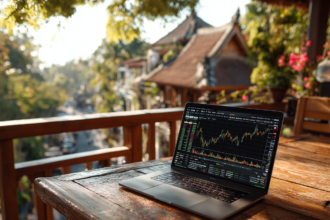 laptop showing stock market charts on a balcony representing beginner investing journey